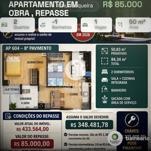 Apartamento de 2 quartos, 50m² no bairro Joáia, em Tijucas | Eu Corretor