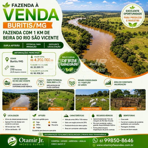 Fazenda/Sítios/Chácaras no bairro 210 hectares, em Buritis | Eu Corretor