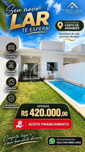 Casa de Condomínio de 3 quartos, no bairro Arembepe (Abrantes), em Camaçari | Eu Corretor