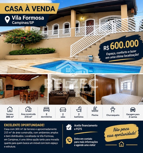 Casa de 3 quartos, 215m² no bairro Vila Formosa, em Campinas | Eu Corretor
