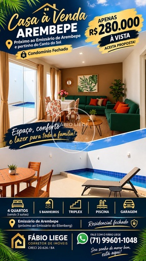 Casa de 4 quartos, no bairro Arembepe (Abrantes), em Camaçari | Eu Corretor