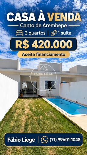 Casa de 3 quartos, 100m² no bairro Arembepe (Abrantes), em Camaçari | Eu Corretor